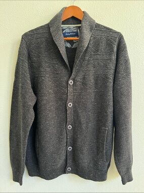 TOMMY BAHAMA Cotton Chunky Shawl CollarKnit Button-Up Cardigan Heathered Gray M